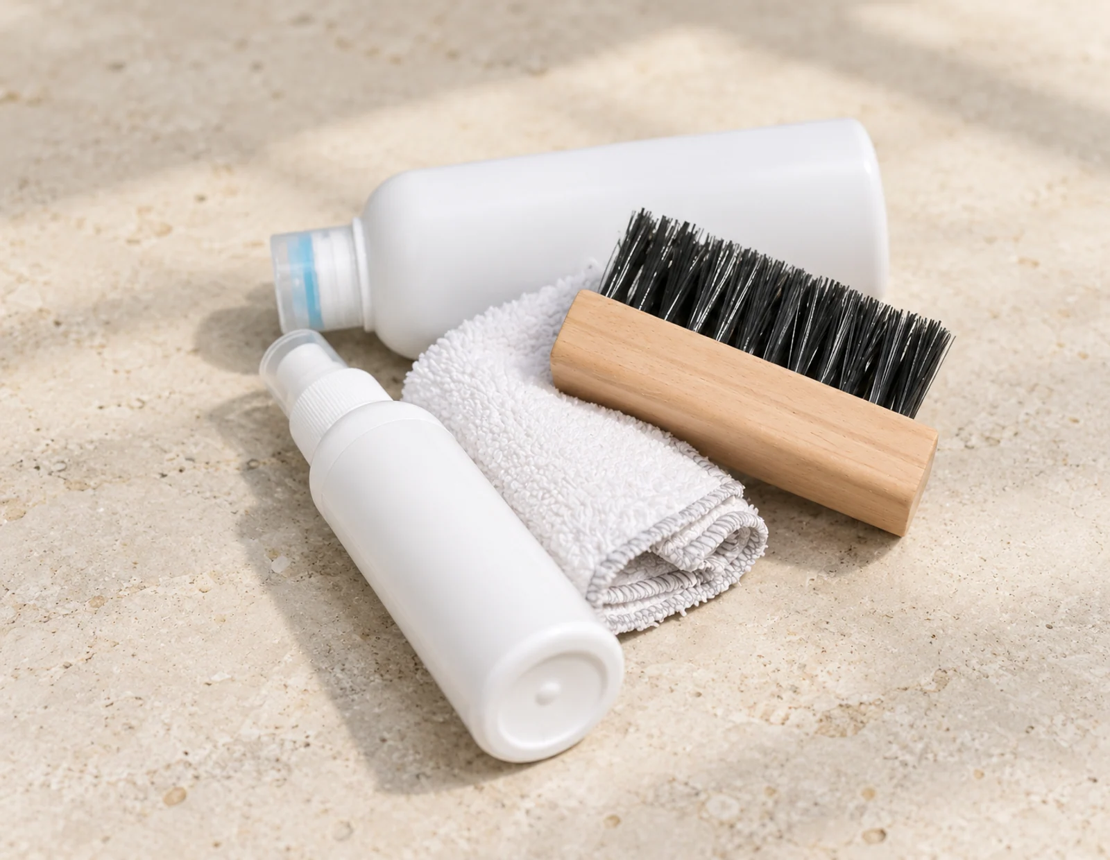 Unbranded cleaning bottles, a white cloth and a wooden brush on warm limestone